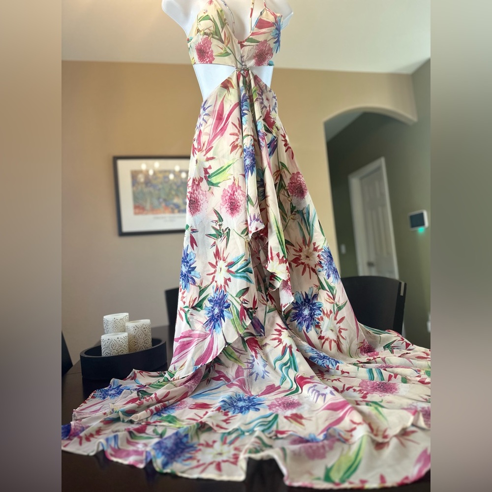 Sexy Luxxel Floral Maxi Dress in Cream with Pink, Blue & Green Print Size L - Picture 4 of 7